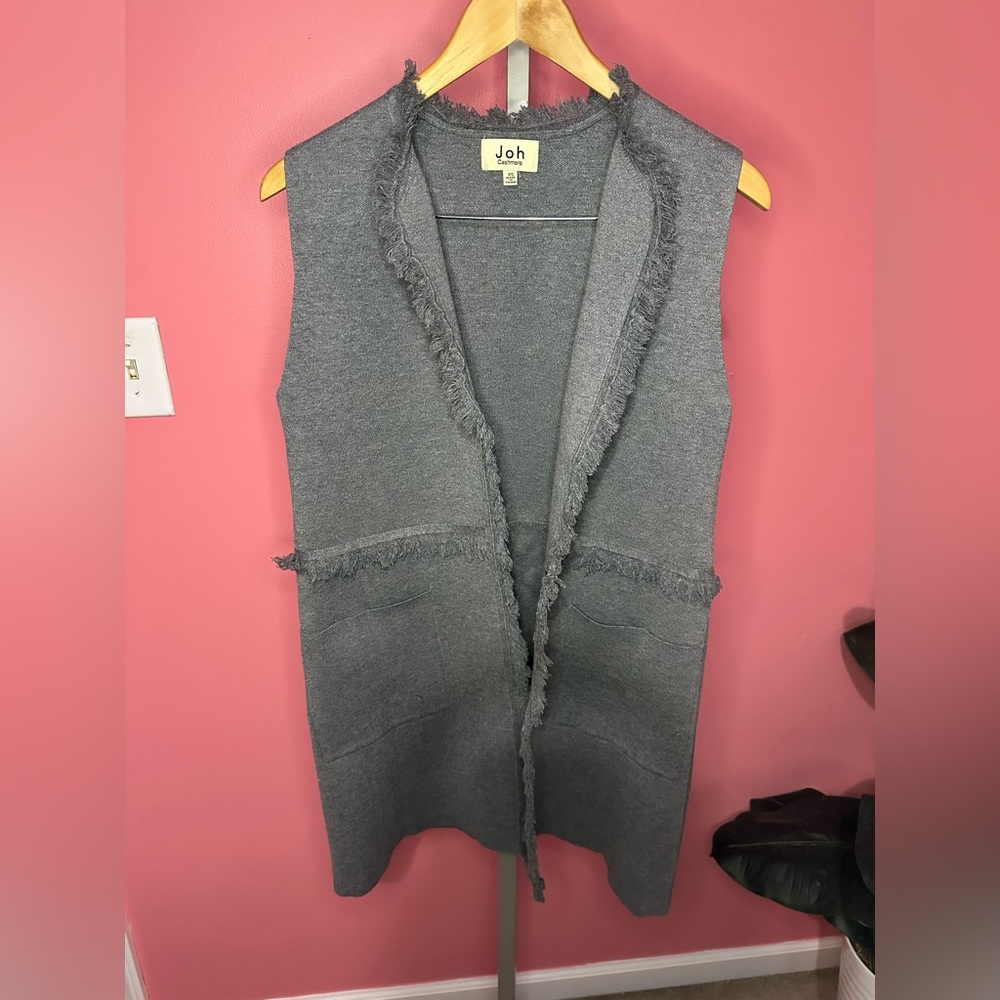 Joh Cashmere Gray Vest Cardigan Sweater w/ Fringe Trim, Size XS